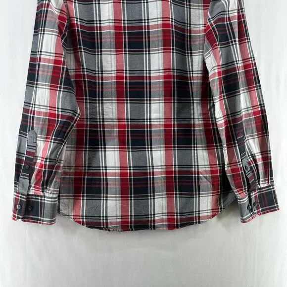 Express Shirt Mens M 15-15.5 Fitted Plaid Button Up Long Sleeve Cotton Red Gray - Picture 6 of 11